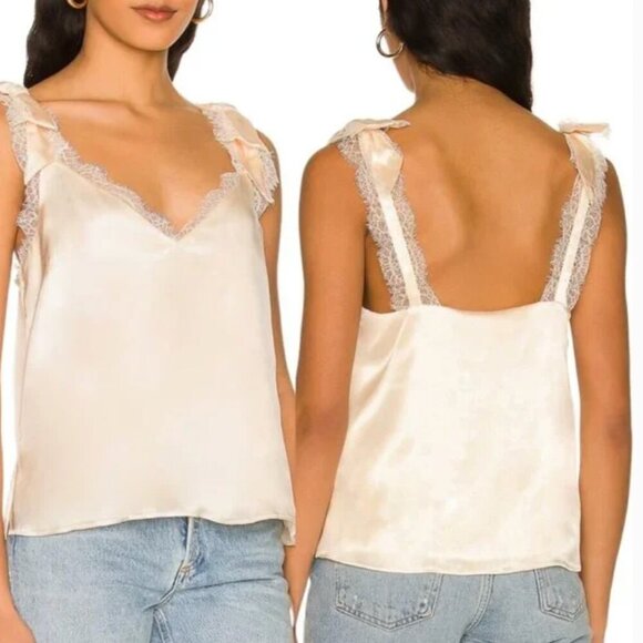 CAMI NYC Freya V Neck Silk Lace Trim Bow Shoulder Cami Top in Ceramic Ivory XXS - Picture 3 of 7